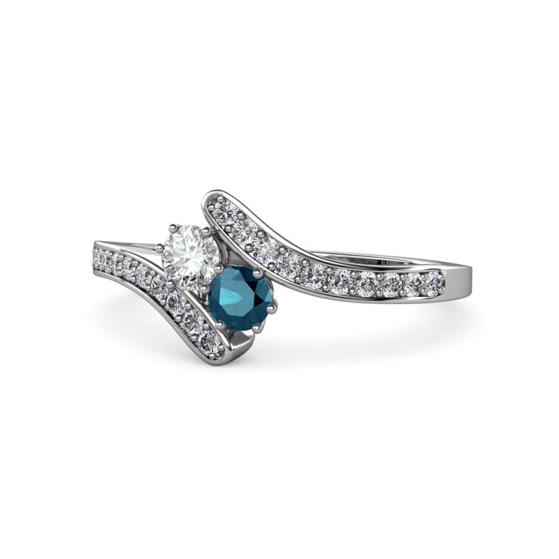 Eleni Round Blue and White Diamond with Side Diamonds Bypass Ring 