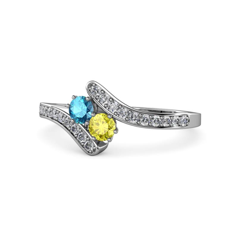 Eleni London Blue Topaz and Yellow Diamond with Side Diamonds Bypass Ring 