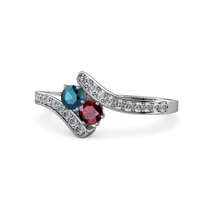 Eleni Blue Diamond and Ruby with Side Diamonds Bypass Ring 