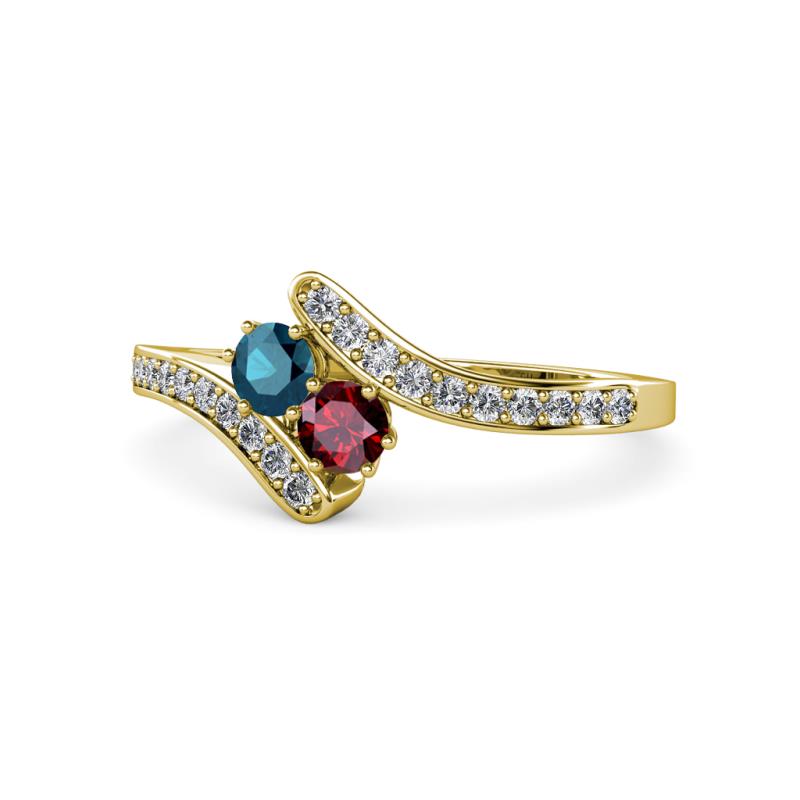 Eleni Blue Diamond and Ruby with Side Diamonds Bypass Ring 