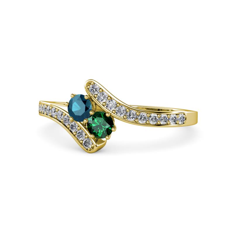 Eleni Blue Diamond and Emerald with Side Diamonds Bypass Ring 