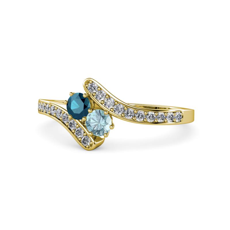 Eleni Blue Diamond and Aquamarine with Side Diamonds Bypass Ring 
