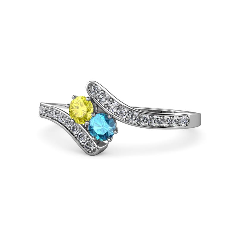 Eleni Yellow Diamond and London Blue Topaz with Side Diamonds Bypass Ring 
