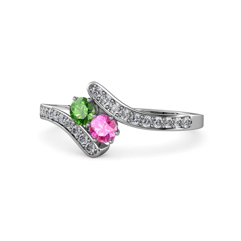 Eleni Green Garnet and Pink Sapphire with Side Diamonds Bypass Ring 