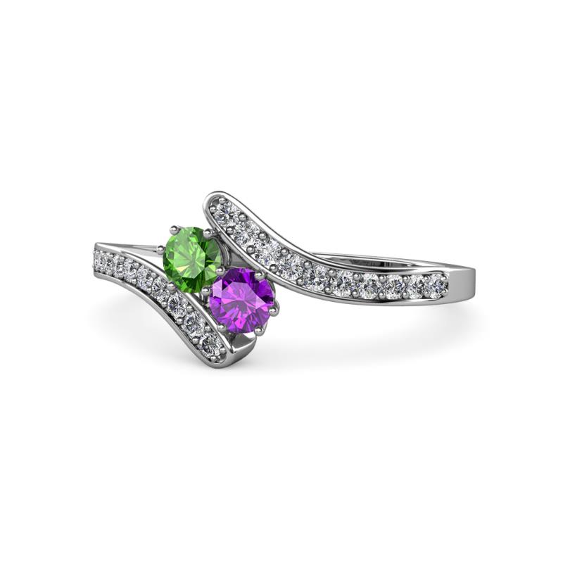 Eleni Green Garnet and Amethyst with Side Diamonds Bypass Ring 