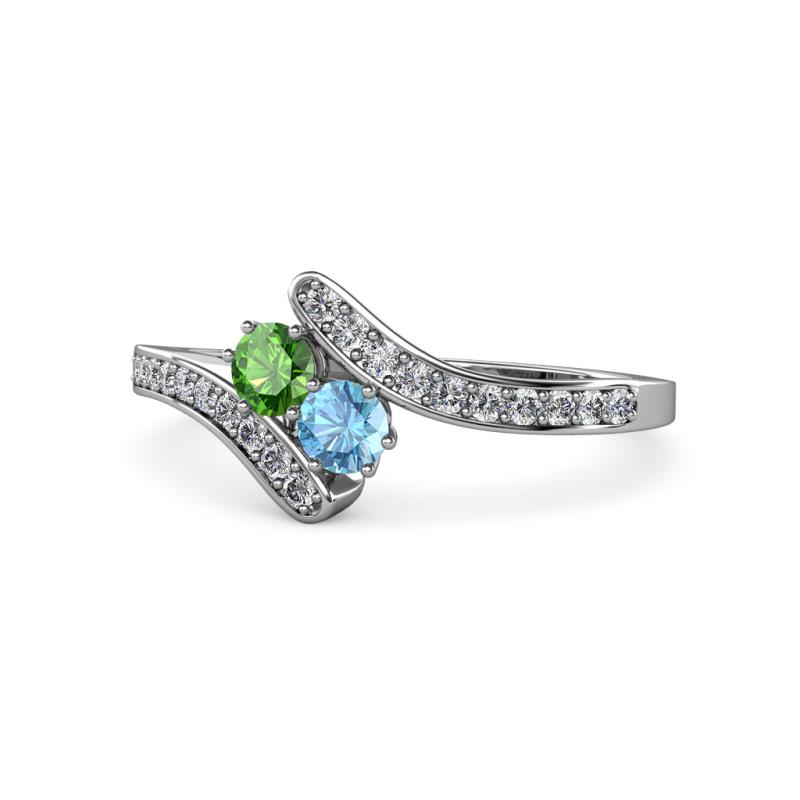 Eleni Green Garnet and Blue Topaz with Side Diamonds Bypass Ring 