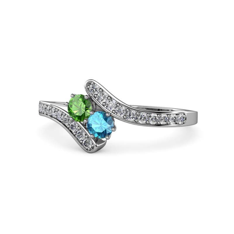 Eleni Green Garnet and London Blue Topaz with Side Diamonds Bypass Ring 