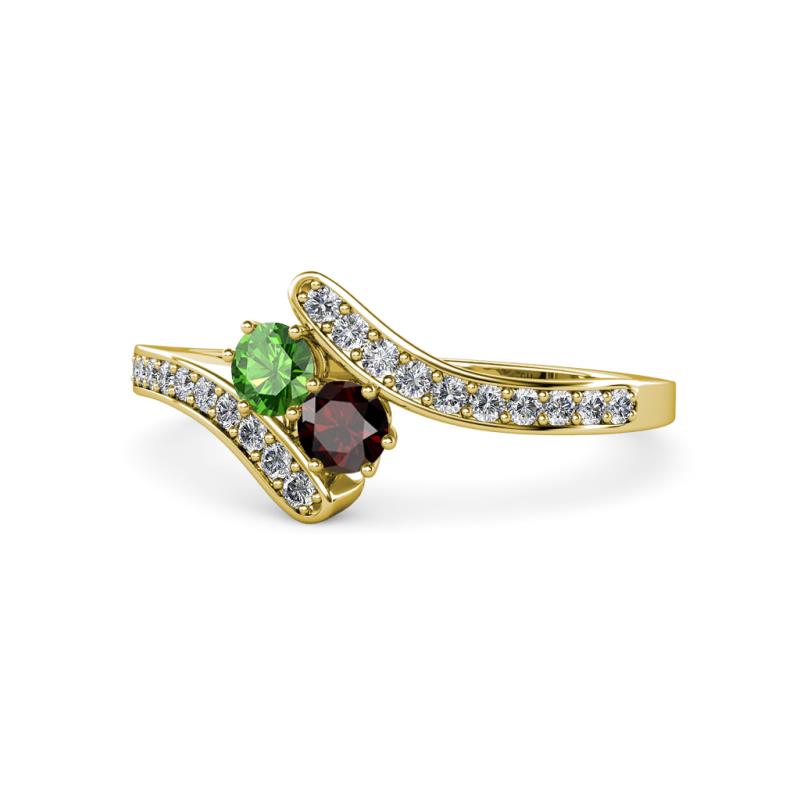Eleni Green and Red Garnet with Side Diamonds Bypass Ring 