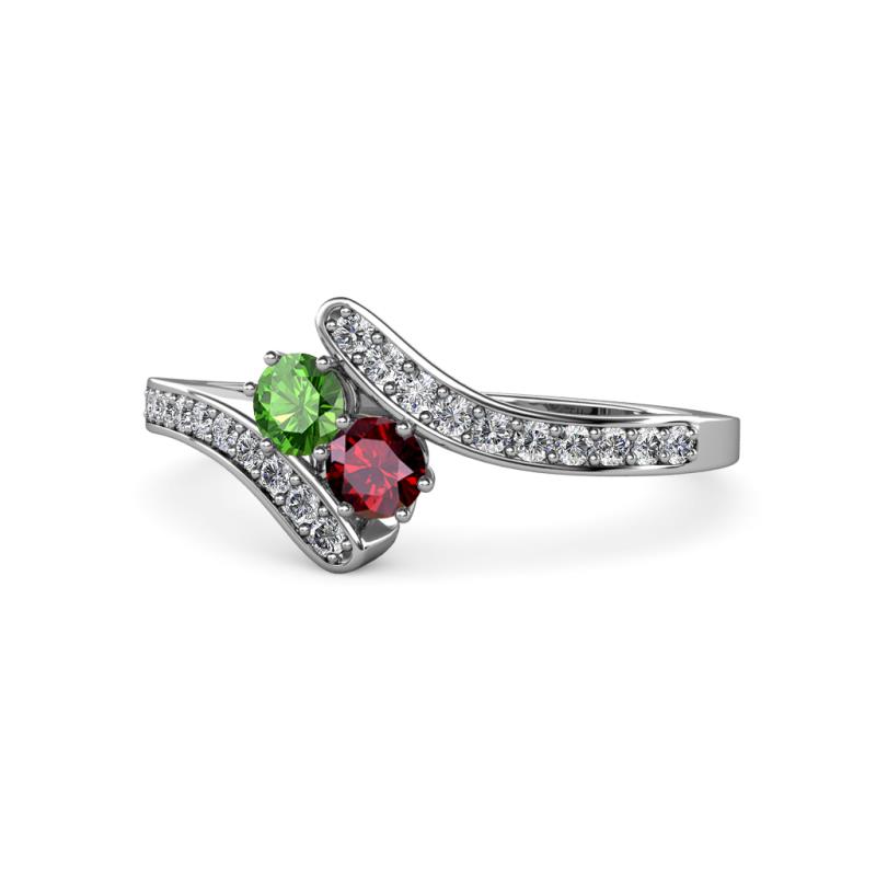 Eleni Green Garnet and Ruby with Side Diamonds Bypass Ring 