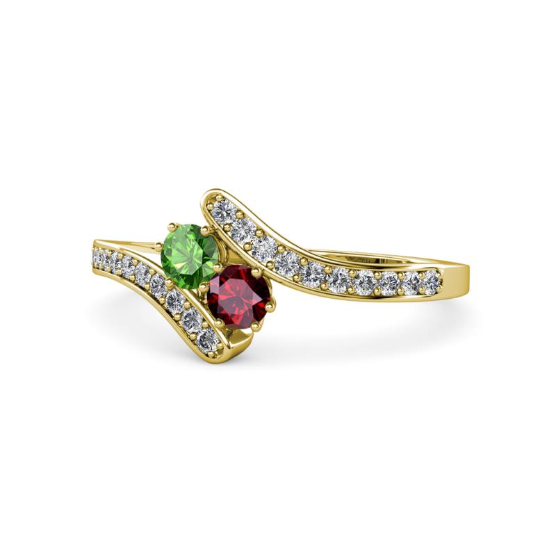 Eleni Green Garnet and Ruby with Side Diamonds Bypass Ring 