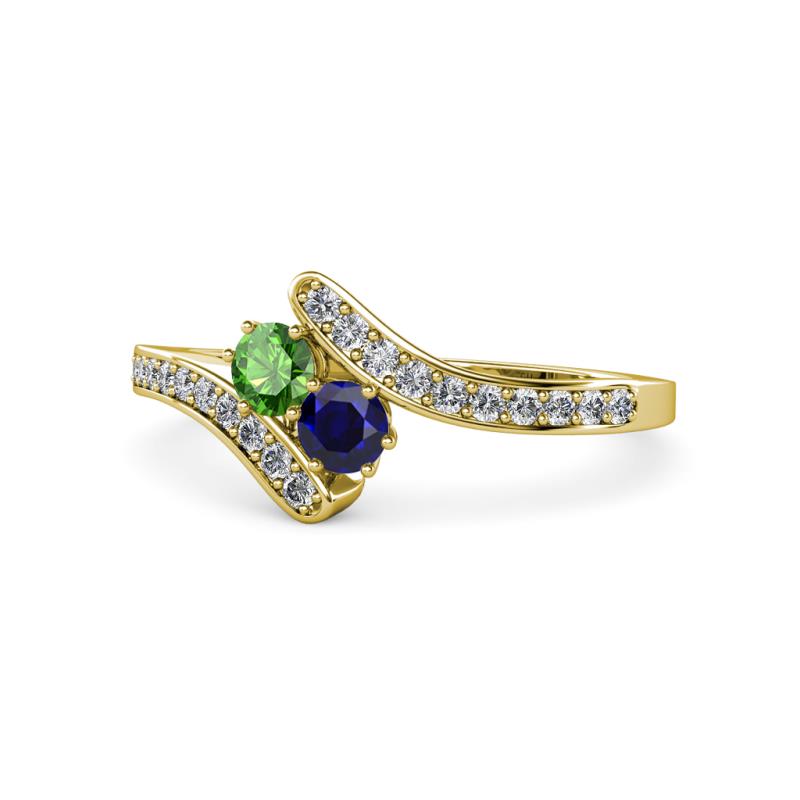 Eleni Green Garnet and Blue Sapphire with Side Diamonds Bypass Ring 