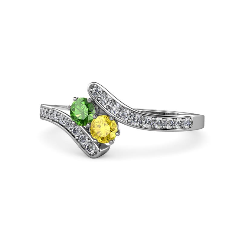 Eleni Green Garnet and Yellow Sapphire with Side Diamonds Bypass Ring 