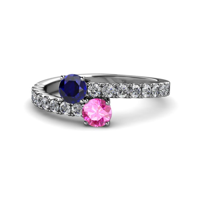 Delise 5.00mm Round Blue and Pink Sapphire with Side Diamonds Bypass Ring 
