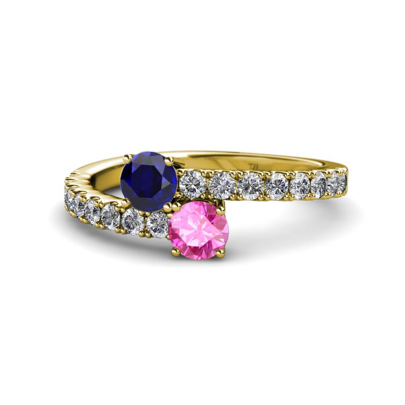 Delise 5.00mm Round Blue and Pink Sapphire with Side Diamonds Bypass Ring 