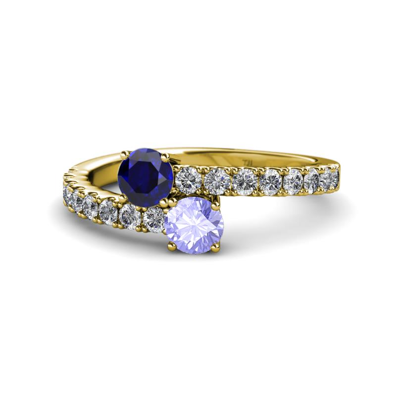 Delise 5.00mm Round Blue Sapphire and Tanzanite with Side Diamonds Bypass Ring 