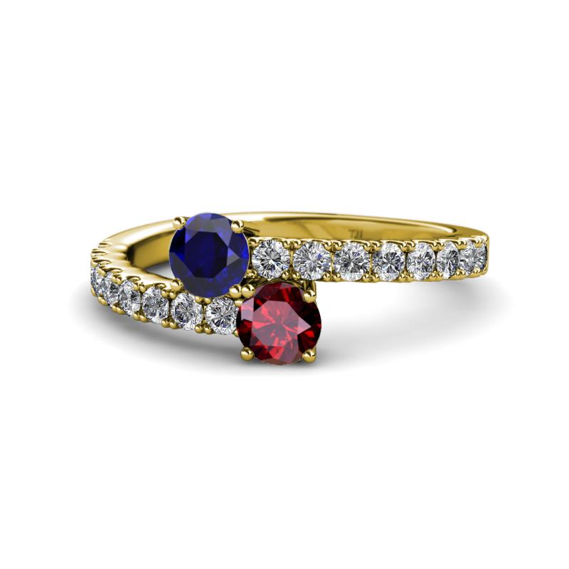 Delise 5.00mm Round Blue Sapphire and Ruby with Side Diamonds Bypass Ring 