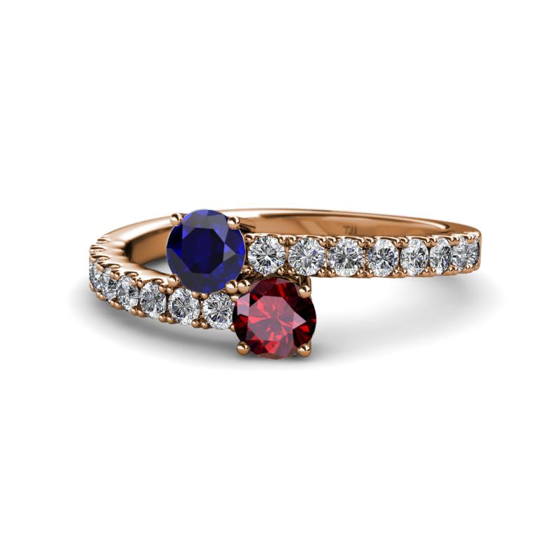 Delise 5.00mm Round Blue Sapphire and Ruby with Side Diamonds Bypass Ring 
