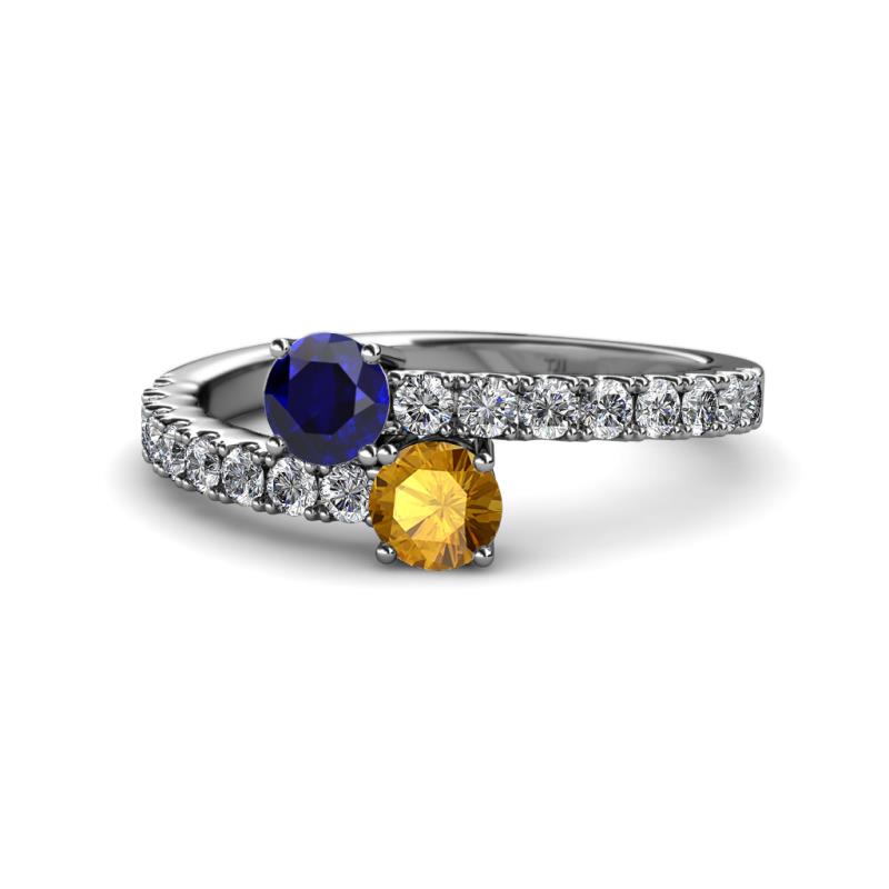 Delise 5.00mm Round Blue Sapphire and Citrine with Side Diamonds Bypass Ring 