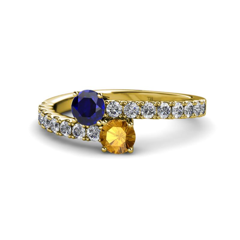 Delise 5.00mm Round Blue Sapphire and Citrine with Side Diamonds Bypass Ring 