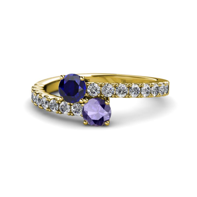 Delise 5.00mm Round Blue Sapphire and Iolite with Side Diamonds Bypass Ring 