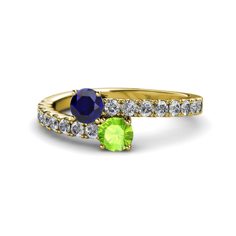 Delise 5.00mm Round Blue Sapphire and Peridot with Side Diamonds Bypass Ring 