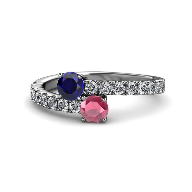 Delise 5.00mm Round Blue Sapphire and Rhodolite Garnet with Side Diamonds Bypass Ring 