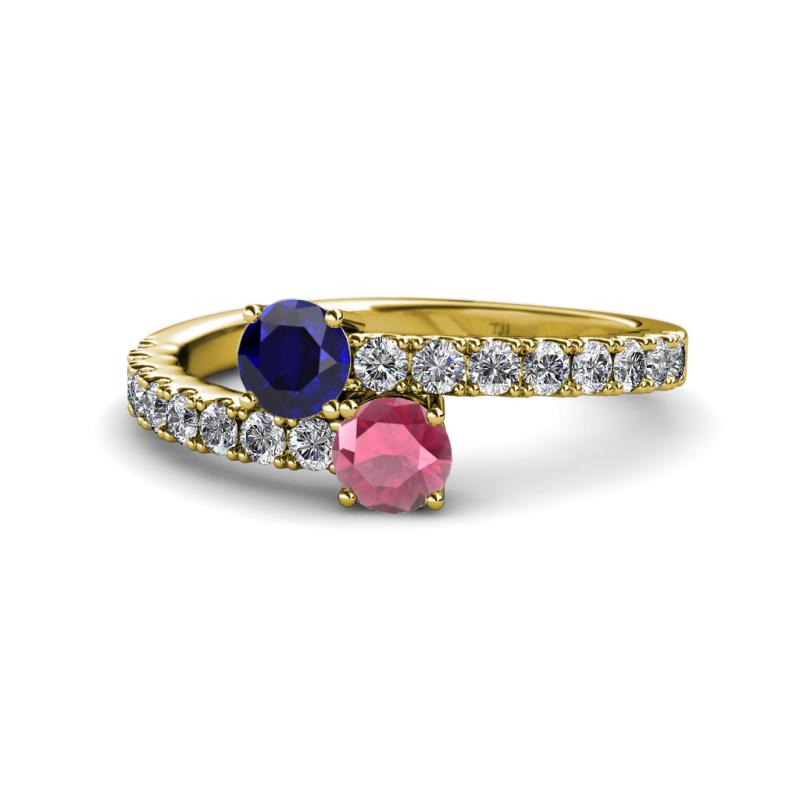 Delise 5.00mm Round Blue Sapphire and Rhodolite Garnet with Side Diamonds Bypass Ring 