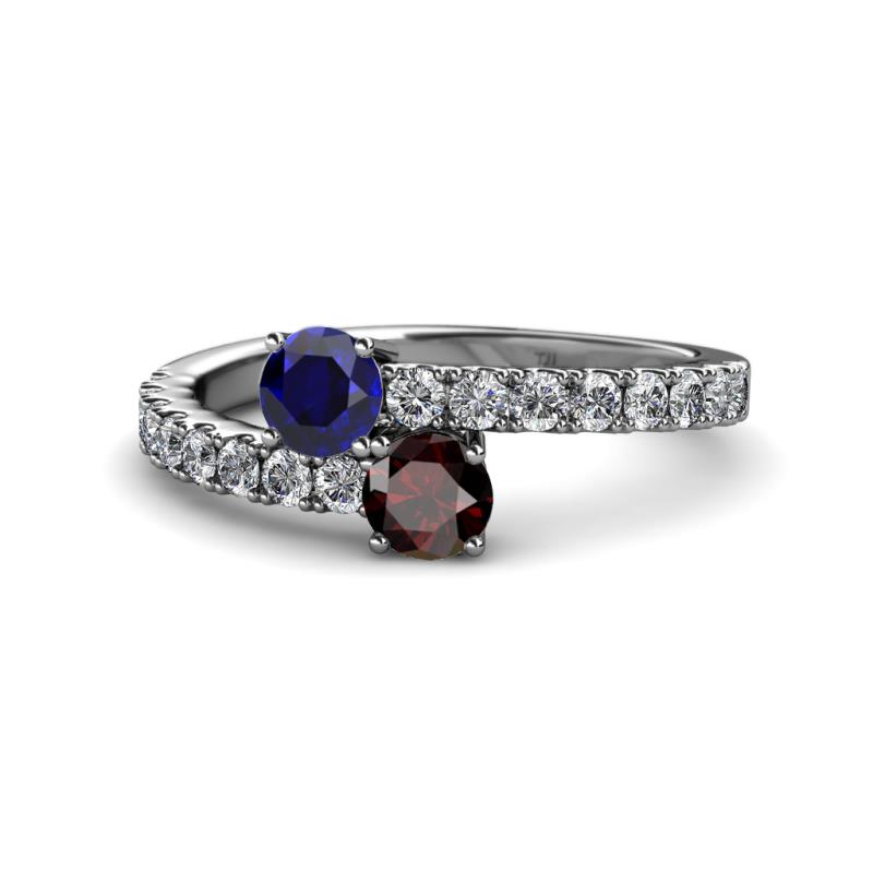 Delise 5.00mm Round Blue Sapphire and Red Garnet with Side Diamonds Bypass Ring 