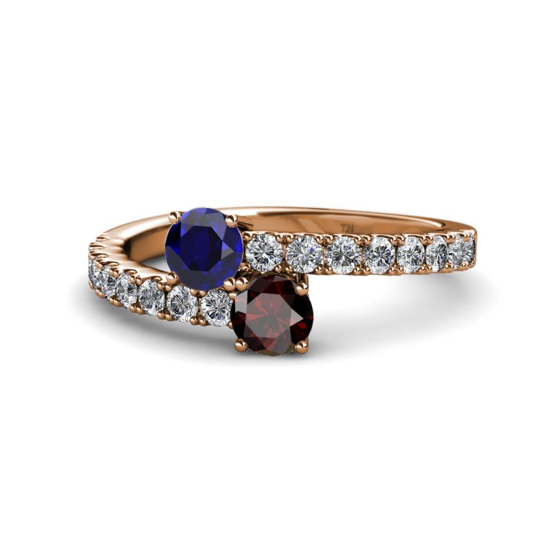 Delise 5.00mm Round Blue Sapphire and Red Garnet with Side Diamonds Bypass Ring 