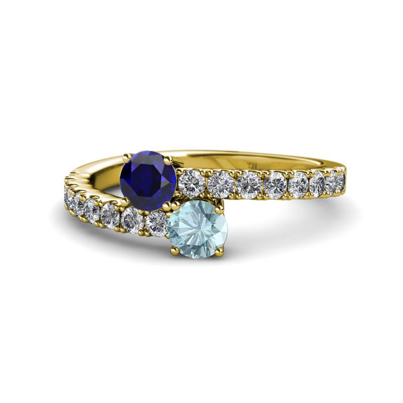 Delise 5.00mm Round Blue Sapphire and Aquamarine with Side Diamonds Bypass Ring 