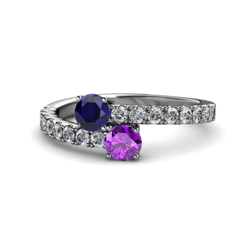 Delise 5.00mm Round Blue Sapphire and Amethyst with Side Diamonds Bypass Ring 