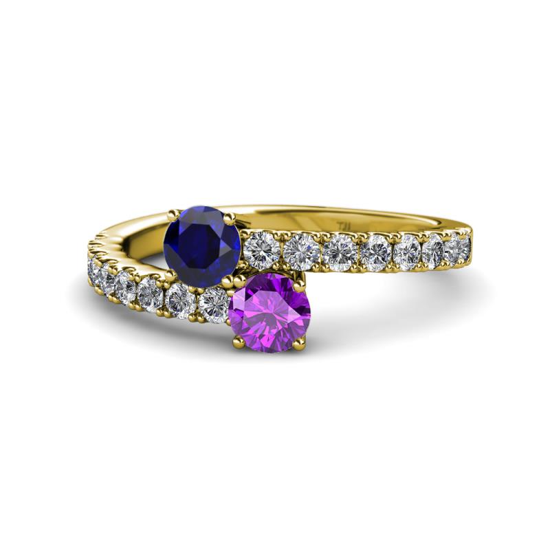 Delise 5.00mm Round Blue Sapphire and Amethyst with Side Diamonds Bypass Ring 
