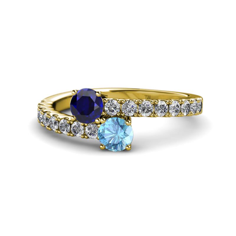 Delise 5.00mm Round Blue Sapphire and Blue Topaz with Side Diamonds Bypass Ring 