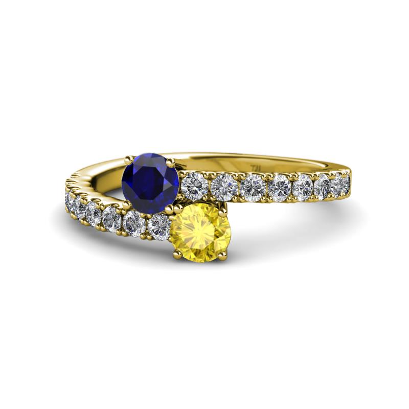 Delise 5.00mm Round Blue and Yellow Sapphire with Side Diamonds Bypass Ring 