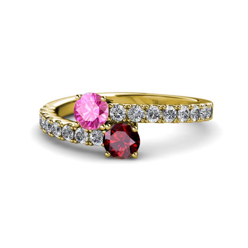 Delise 5.00mm Round Pink Sapphire and Ruby with Side Diamonds Bypass Ring 