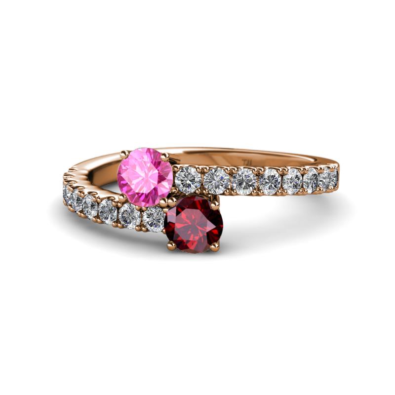 Delise 5.00mm Round Pink Sapphire and Ruby with Side Diamonds Bypass Ring 