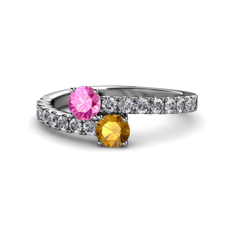 Delise 5.00mm Round Pink Sapphire and Citrine with Side Diamonds Bypass Ring 
