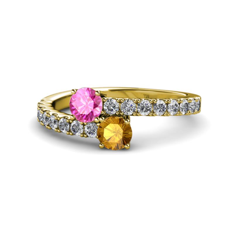 Delise 5.00mm Round Pink Sapphire and Citrine with Side Diamonds Bypass Ring 