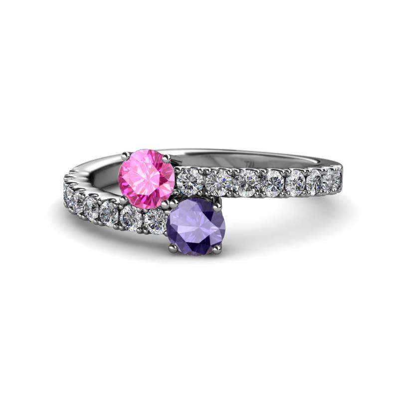 Delise 5.00mm Round Pink Sapphire and Iolite with Side Diamonds Bypass Ring 