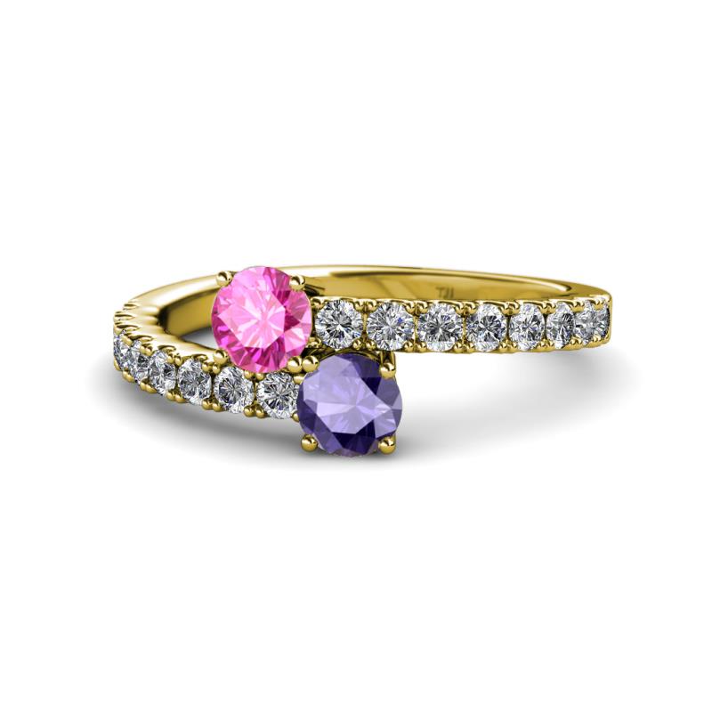Delise 5.00mm Round Pink Sapphire and Iolite with Side Diamonds Bypass Ring 