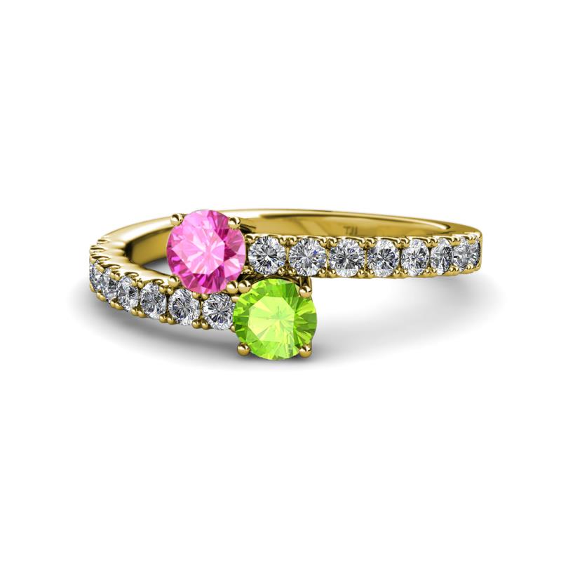 Delise 5.00mm Round Pink Sapphire and Peridot with Side Diamonds Bypass Ring 