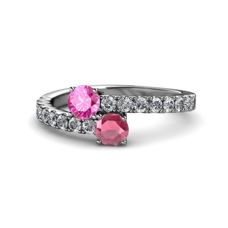 Delise 5.00mm Round Pink Sapphire and Rhodolite Garnet with Side Diamonds Bypass Ring 
