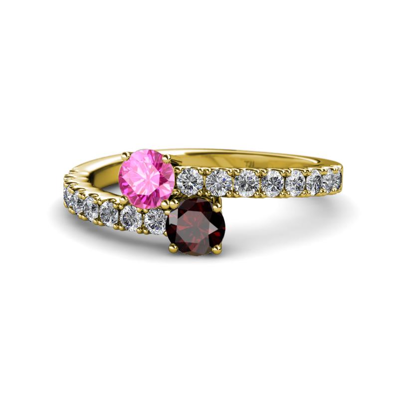 Delise 5.00mm Round Pink Sapphire and Red Garnet with Side Diamonds Bypass Ring 