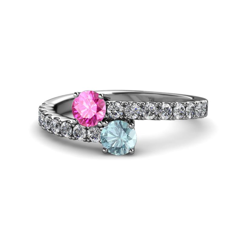 Delise 5.00mm Round Pink Sapphire and Aquamarine with Side Diamonds Bypass Ring 