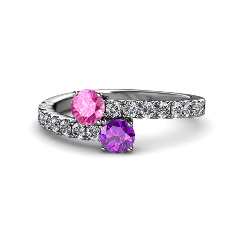 Delise 5.00mm Round Pink Sapphire and Amethyst with Side Diamonds Bypass Ring 