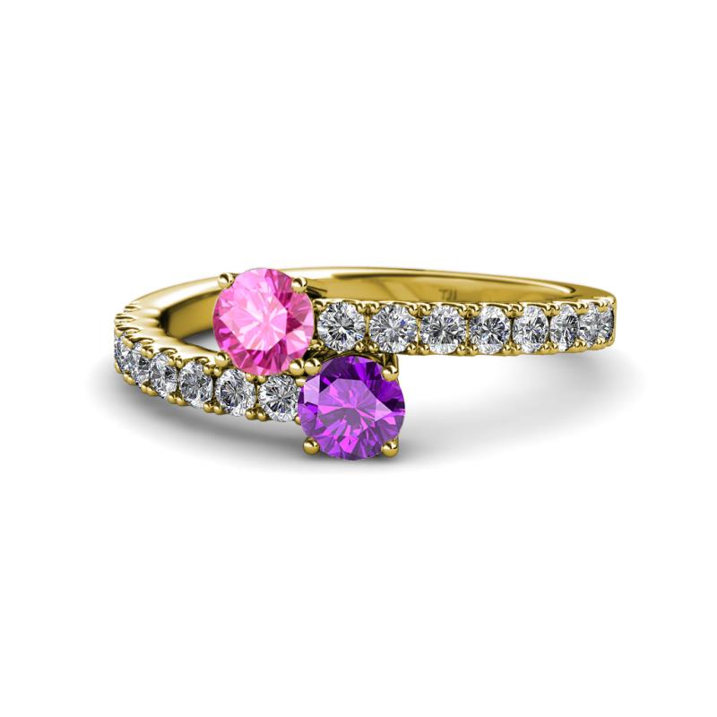 Delise 5.00mm Round Pink Sapphire and Amethyst with Side Diamonds Bypass Ring 