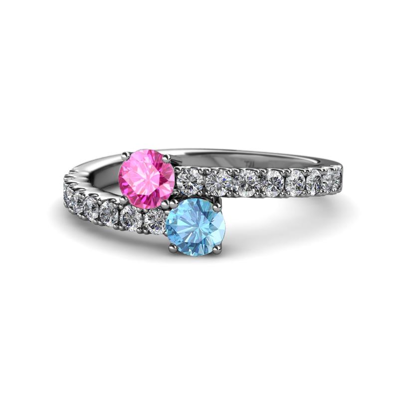 Delise 5.00mm Round Pink Sapphire and Blue Topaz with Side Diamonds Bypass Ring 
