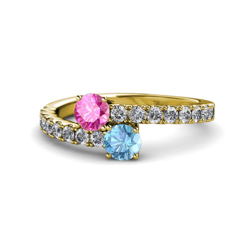 Delise 5.00mm Round Pink Sapphire and Blue Topaz with Side Diamonds Bypass Ring 