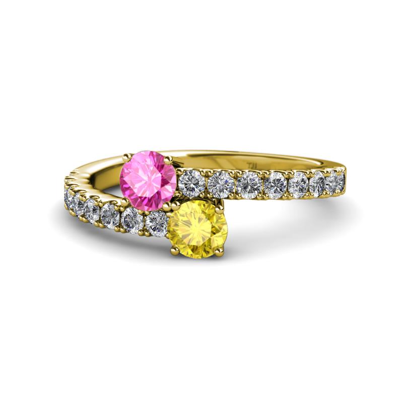 Delise 5.00mm Round Pink and Yellow Sapphire with Side Diamonds Bypass Ring 