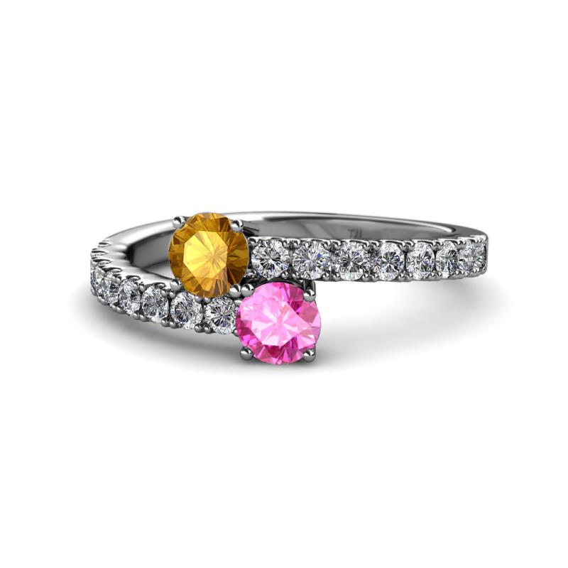 Delise 5.00mm Round Citrine and Pink Sapphire with Side Diamonds Bypass Ring 